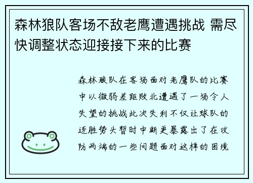 森林狼队客场不敌老鹰遭遇挑战 需尽快调整状态迎接接下来的比赛